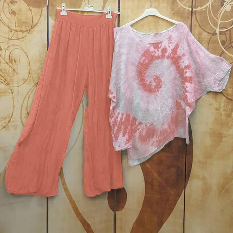 Street Fashion Winter 2025 - Tie-dye Crew Neck Printed Top Wide-leg