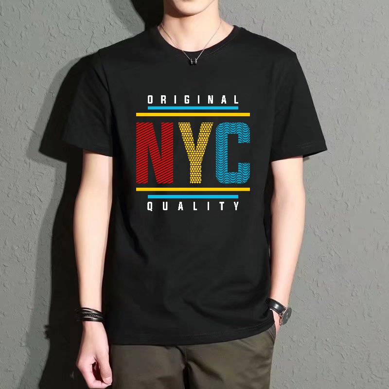 Street Fashion Nyc - Men's Black Round-Neck Short-Sleeved T-Shirt with
