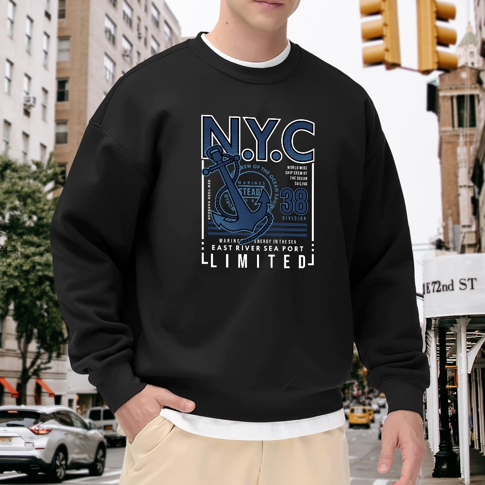 Street Fashion Nyc - Men's Black Crew Neck Loose Sweatshirt,