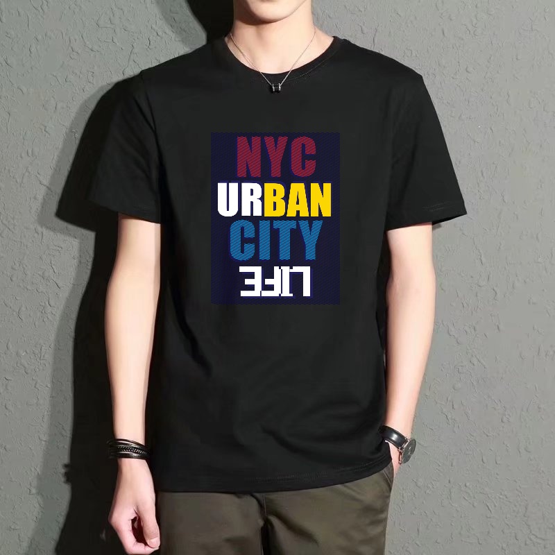 Street Fashion Nyc - Men's Black Round-Neck Short-Sleeved T-Shirt with