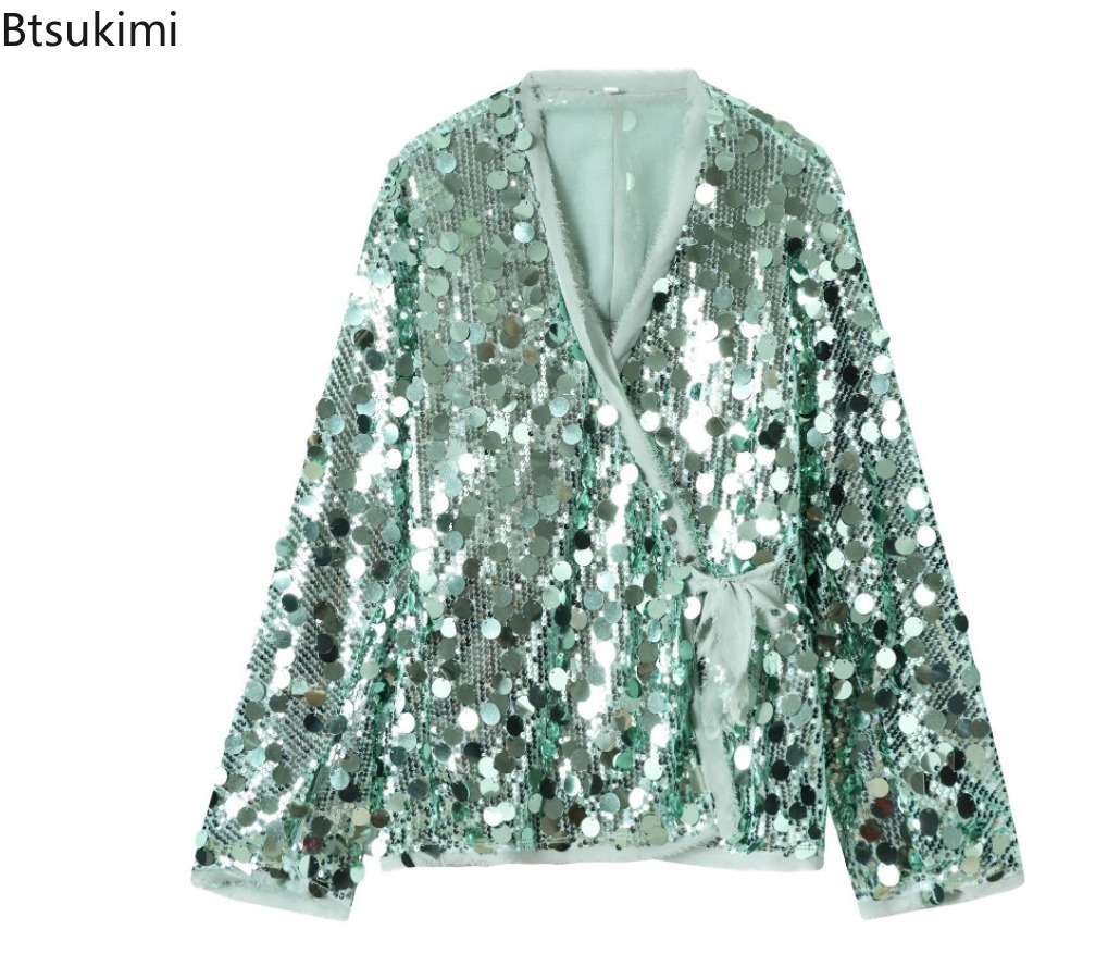 Street Fashion Kimono - New Women's Fashion Lace-Up Sequin Patchwork