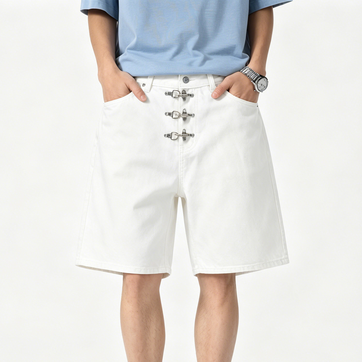 Metal Buckle Short Baggy Jeans - Street Fashion Jeans Men 评论和价格