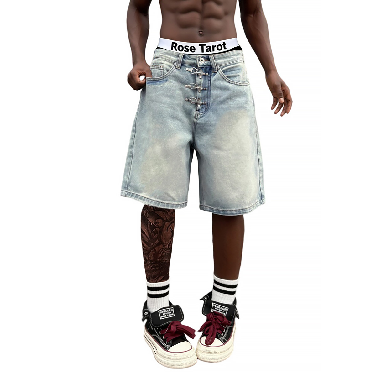 Metal Buckle Short Baggy Jeans - Street Fashion Jeans Men 评论和价格