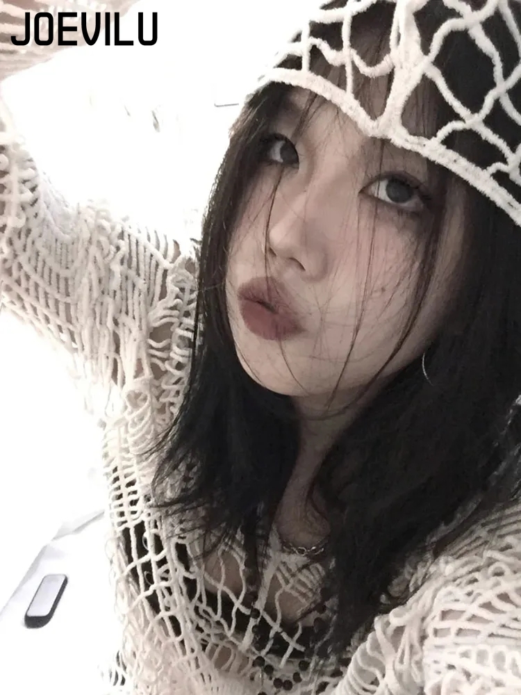 JOEVILU Hollow Knit Hooded Top - Street Fashion Korean 评论和价格