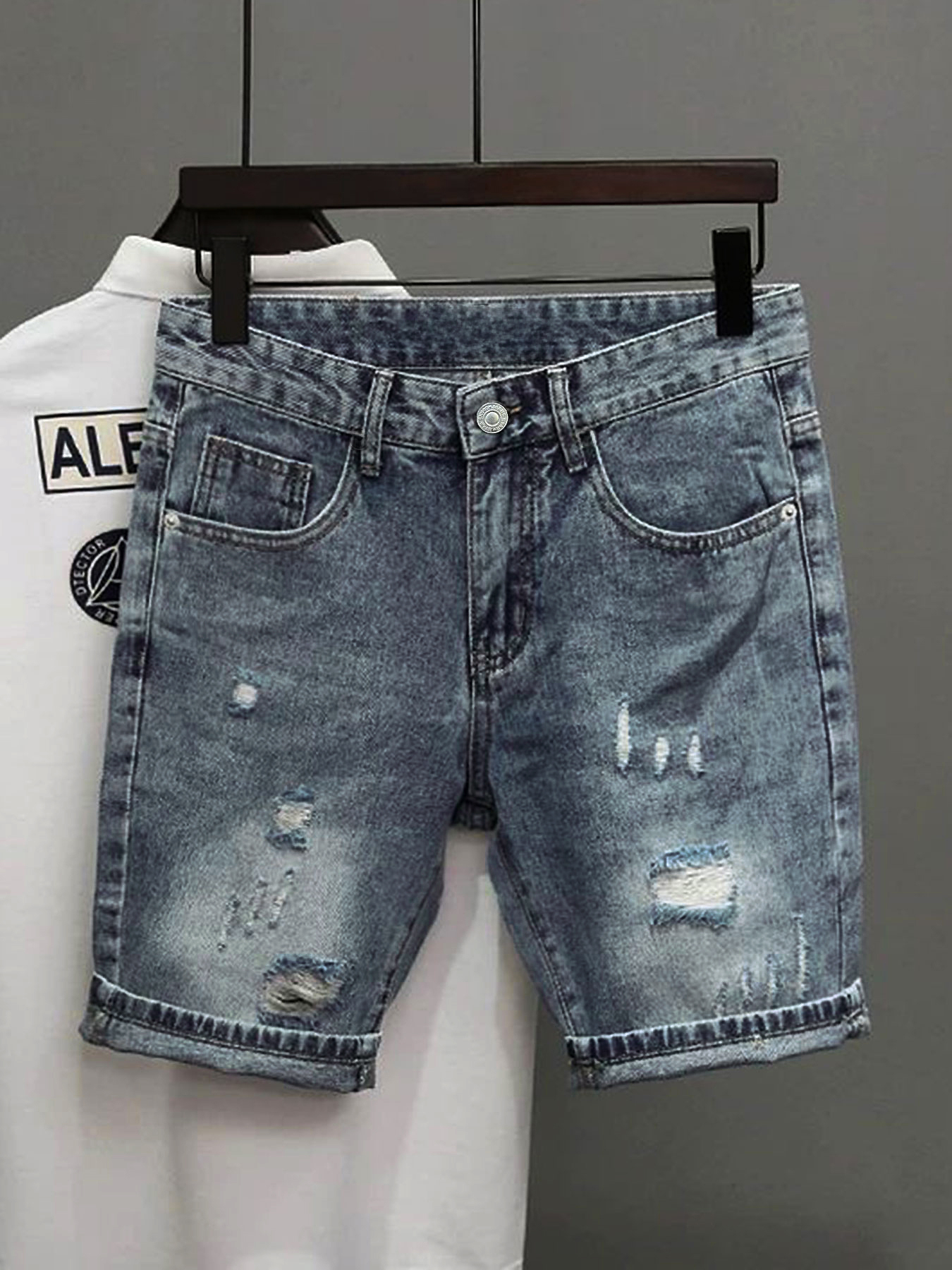 Light Blue Denim Shorts Men's  - Street Fashion Jeans Men 评论和价格